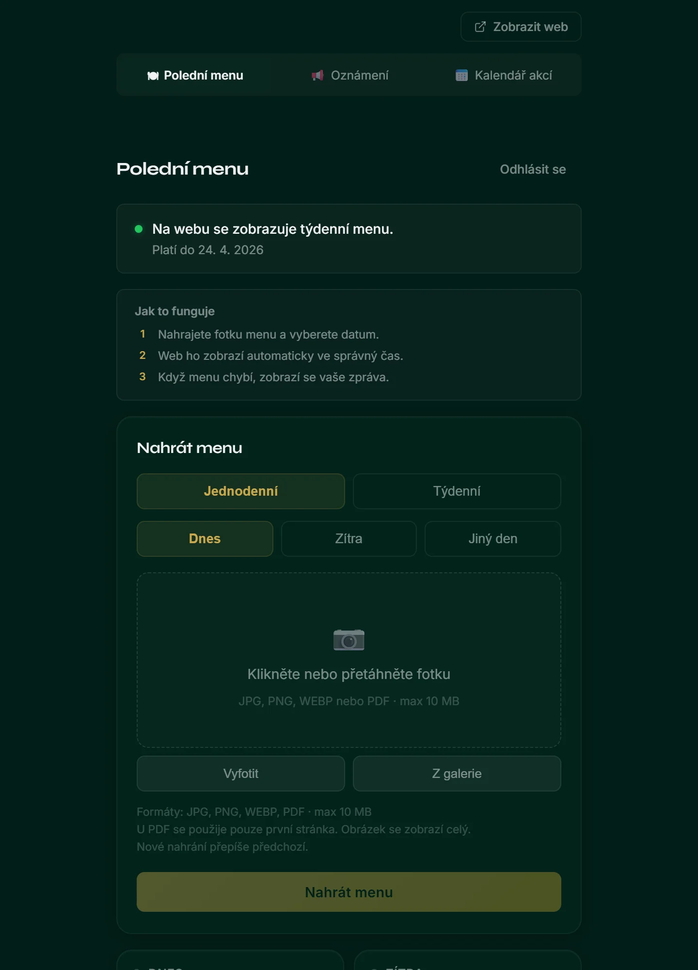 Administrace - nahrávání poledního menu