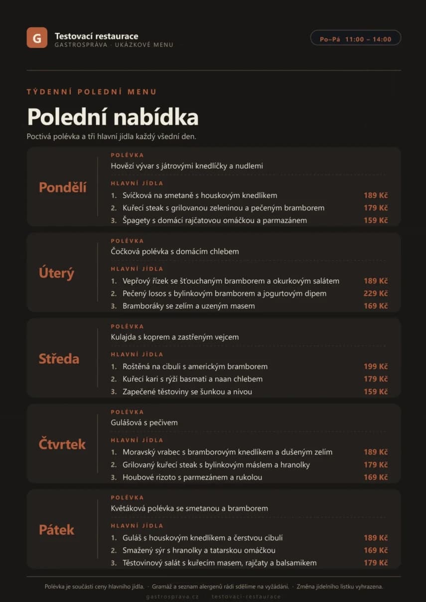 Polední menu na webu restaurace